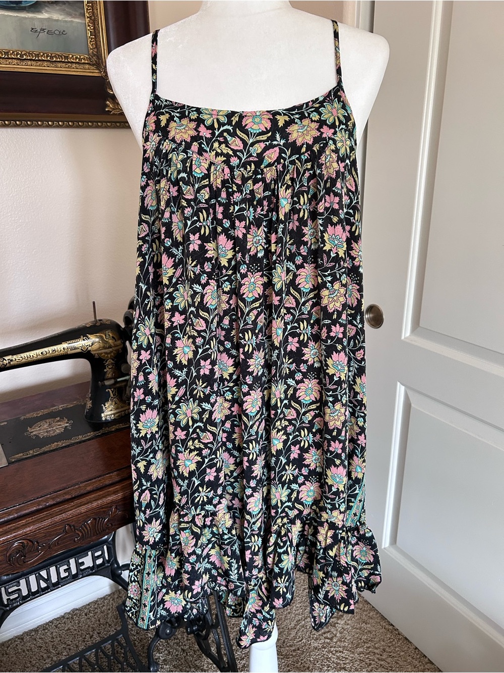 Floral Black Spaghetti-Strap Swing Dress